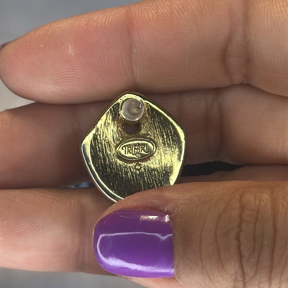 Trifari  Earrings Gold Tone Blue Enamel Mid Century Modernist Boho - Picture 6 of 6